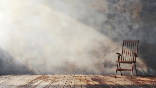 Rustic wooden chair in sunlit minimalist interior corner.