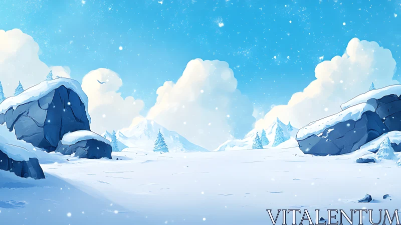 Snowbound valley with stylized rocks under clear winter sky