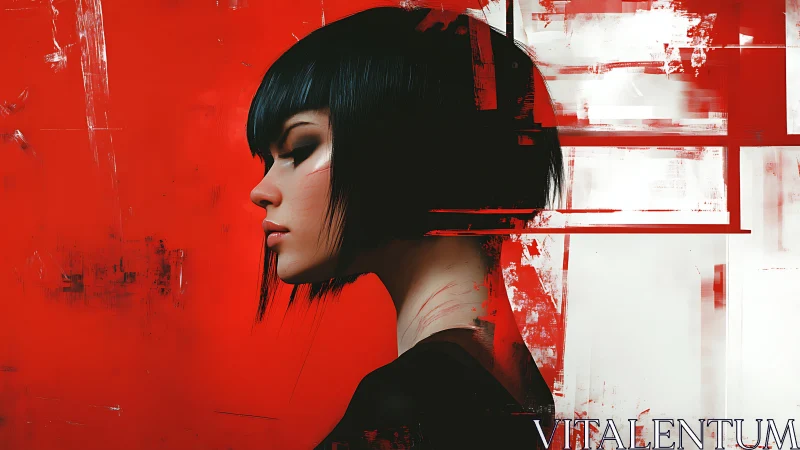 Woman in profile against red abstract digital background