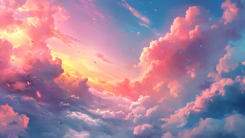 Digital painting of luminous sunset clouds in panoramic skyscape.