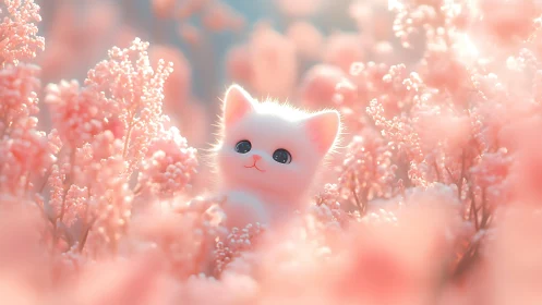 White Cat Among Crystalline Pink Floral Structures