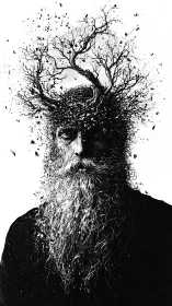 Surreal portrait of bearded man merging into tree crown.