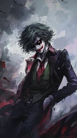 Male figure in chaotic suit stands in stormy painted scene