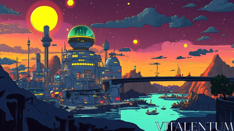 Futuristic coastal cityscape under multiple suns at dusk.