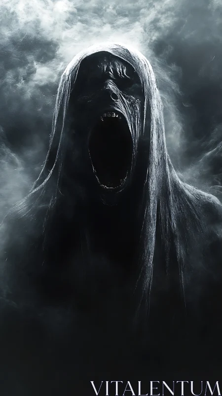 Shrouded wraith screaming in swirling monochrome fogscape.