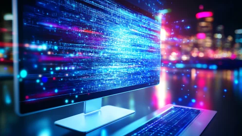 Streaming data flows across a futuristic computer display.