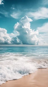 Towering cumulus clouds rise above tranquil turquoise shoreline