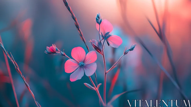 Pink Cosmos Blossoms in Soft-Focus Dreamscape. Ethereal botanical rendering.