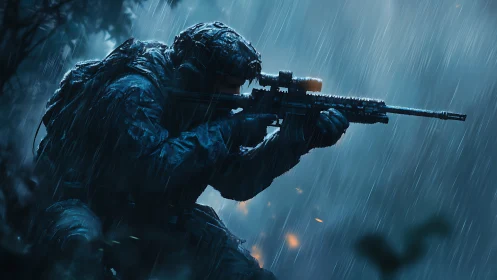 Lone tactical sniper waits in heavy rain on a tense mission