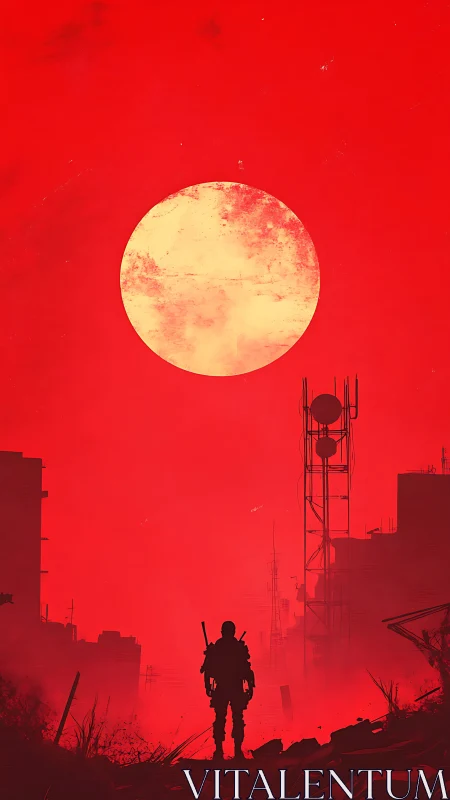 Lone wasteland sentinel under a colossal bleeding sun.