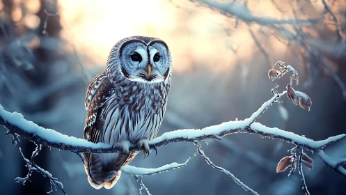 Majestic owl on snowy branch at sunrise, photorealistic winter scene.