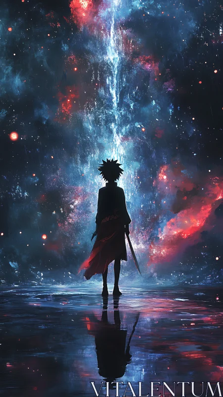 Stargazing swordsman stands beneath a torn cosmic waterfall.