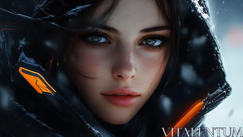 Futuristic winter portrait of woman in illuminated tech parka