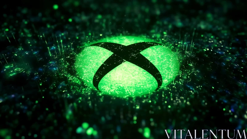 Luminous voxel-field rendering of neon green gaming emblem.