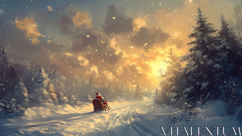 Snow-covered forest path with sleigh at sunset glow.