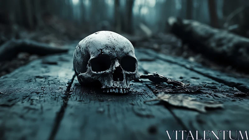Human skull on decayed wood in dark misty forest scene.