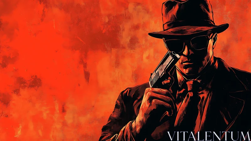 Noir gunman silhouette against high-saturation crimson ground.