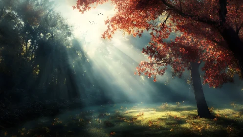 Sunlit autumn grove where morning mist hums softly.