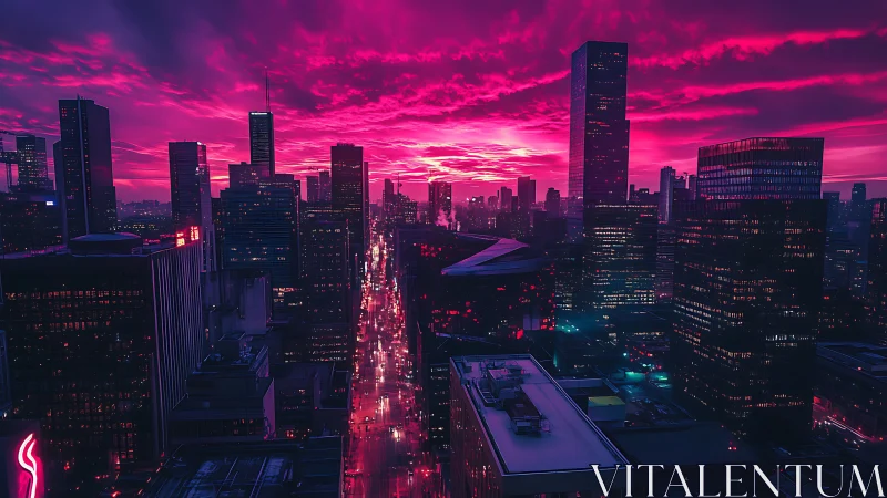 Neon magenta sunset bathes dense futuristic city skyline