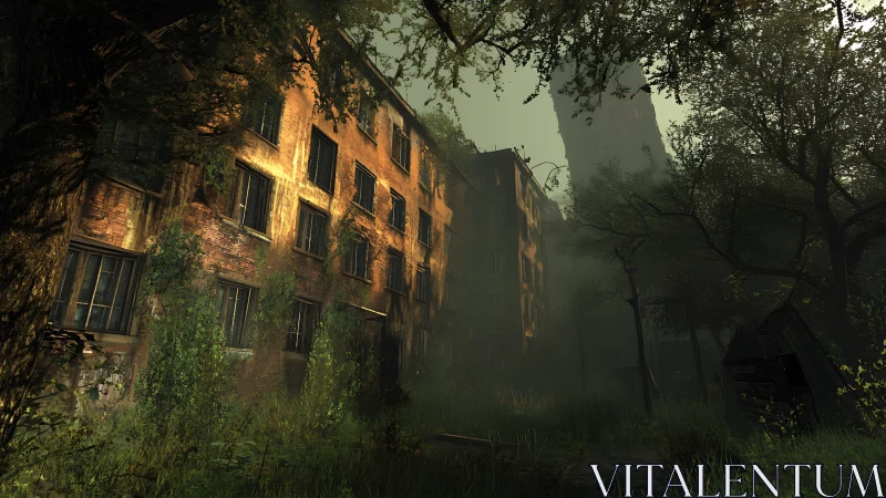 Abandoned brick apartment block stands in dense overgrown yard