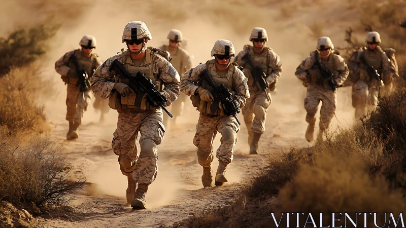Armed soldiers advance on dusty desert trail in formation.