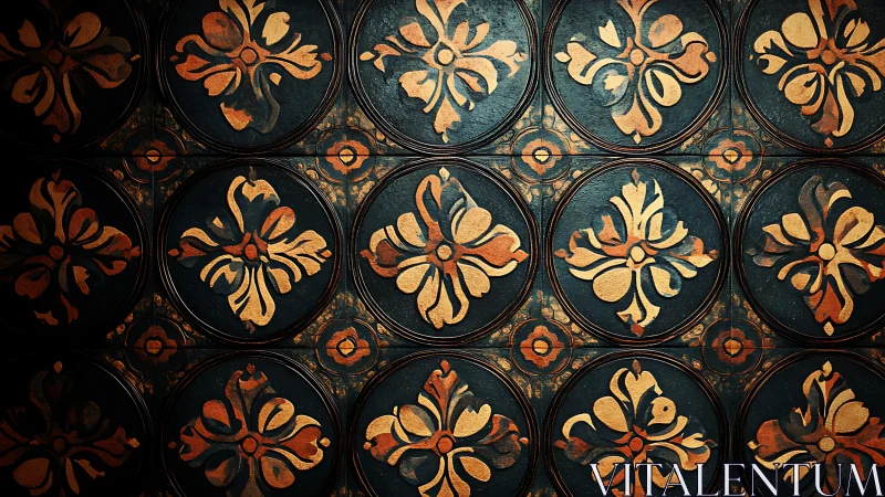 Golden floral tiles glowing in a deep vintage grid.