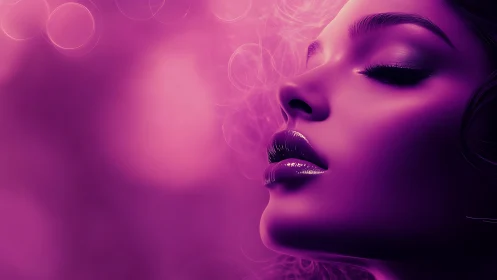Neon-lit woman exhales dreamy violet smoke in soft focus