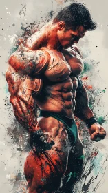 Digital painting of muscular bodybuilder in dynamic splatter style.