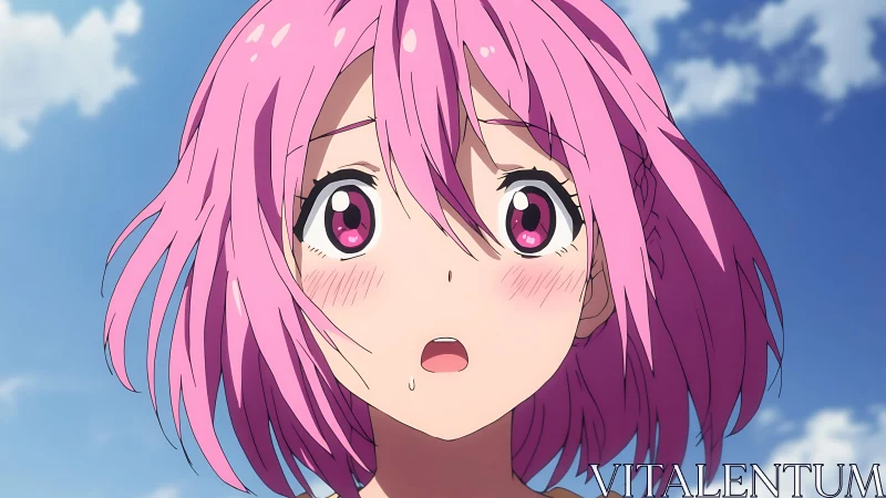 Pink‑haired anime girl caught in windlit surprise skyward.