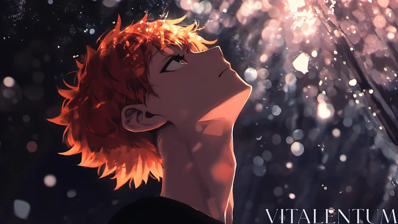 Orange haired youth studies drifting light in night air.