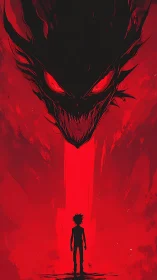 Silhouetted figure faces looming demonic dragon head above