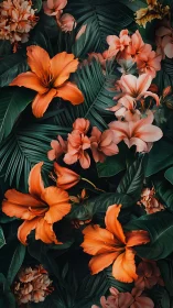 Tropical Flowers in Orange and Coral Tones Against Dark Green Foliage