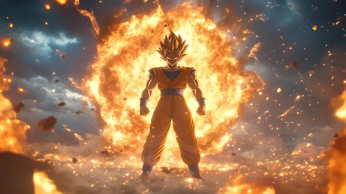 Fiery anime warrior unleashes blazing cosmic battle aura.
