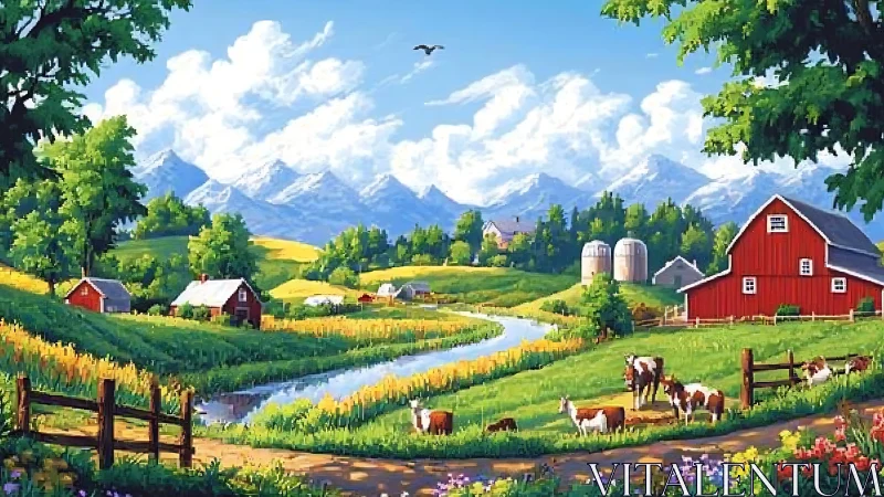 Vibrant pastoral valley with red barns and distant peaks.