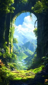 Sunlit stone gateway opening onto a secret green valley.