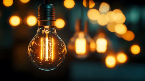 Glowing filament bulb casts warm light in moody darkness