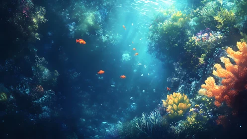 Sunlit coral canyon where tiny ember fish quietly wander.