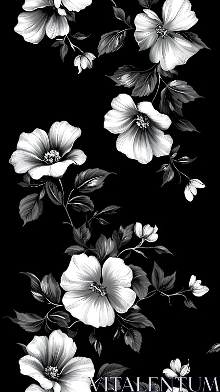 Elegant Black and White Floral Botanical Illustration Pattern