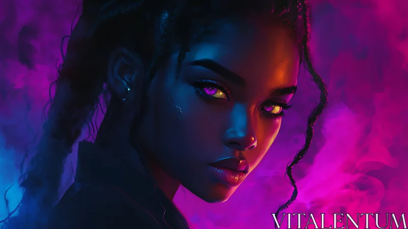Neon-lit cyber muse stares through glowing violet haze.