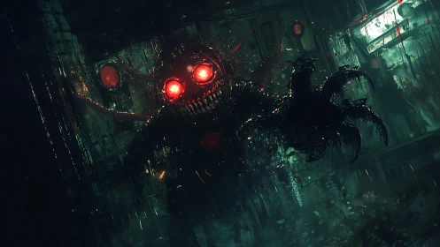 Crimson-eyed shadow monster stalking a ruined corridor.