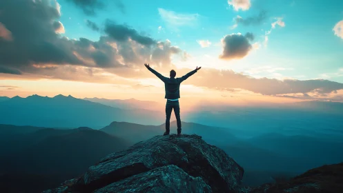 Sunrise triumph on mountain summit with glowing horizon.