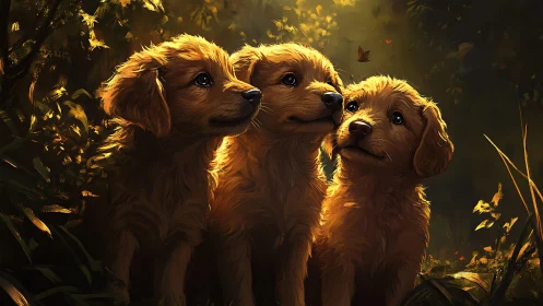 Golden retriever puppies glow under warm forest light.