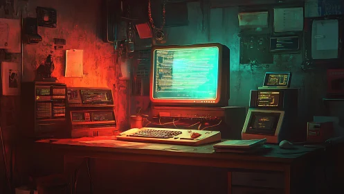 Retro computer workstation displays code in dim studio