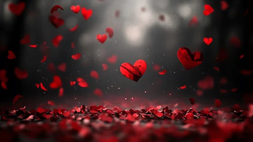 Floating Red Hearts Fall Through Misty Atmospheric Darkness