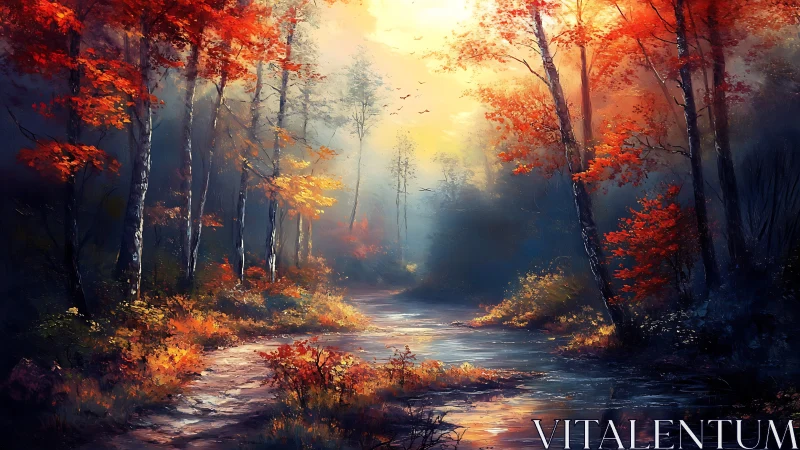 Crimson Forest Glow: Autumn's Luminous River Through Gilded Trees.