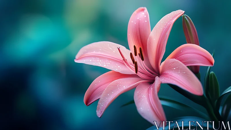Pink lily bloom with water droplets against teal background