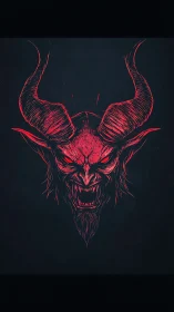 Demonic horned skull glows in crimson against black void