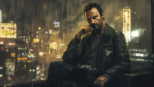 Brooding drifter on neon rooftop in rain-soaked megacity.