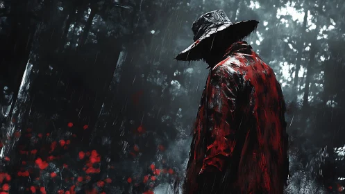 Red raincoat drifter under stormlit pines, half-shadowed silence.