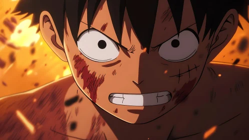 Battle-scarred anime hero roars in a storm of blazing embers